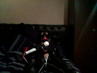 Latex gimp boy wanking, catsuit, Chastity