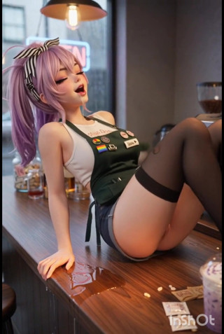 Hot sexy tiny barista is waiting for her customer, mastubrating