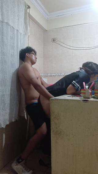 Maid fucked by her boss, almost discovered by her wife