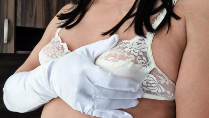 White Lace Bra and Satin Gloves