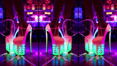 Hot high heels on a counter in a nightclub with messy cumshots on legs, feet and heels. AI-generated