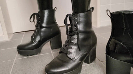 Changing the chunky platform high heel boots while wearing shiny latex - ASMR thumbnail