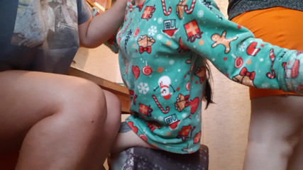 My girlfriend and I are mutually masturbating in the kitchen while our housekeeper is preparing breakfast