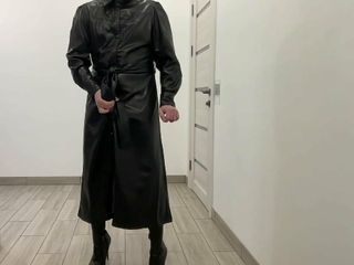 BDSM leather long maxi dress and overknee stiletto boots