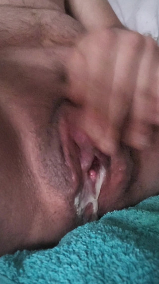 Horny transgender male plays with creamy pussy thumbnail