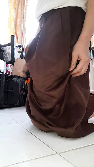 Cum wearing shiny and slippery schoolgirl skirt