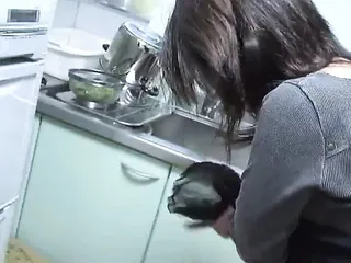 Japanese bubby fucks amateur wife in the kitchen