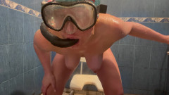 Snorkel, mask, swimming cap masturbation under the shower