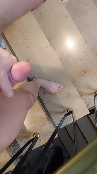 Jerking off on stairs with cockring and moaning