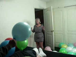 Mean and nasty stepgrandma smokes and fucks stepgrandson while busting balloons