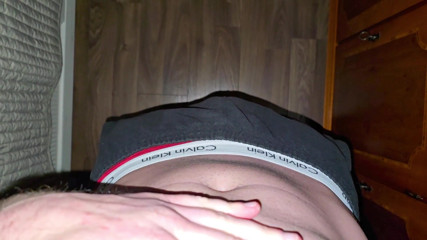 German voice growls deep.. red boxer stuffed.. cock hard out.. stroking starts