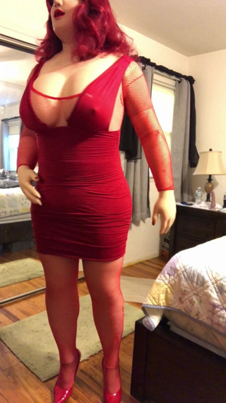 Deanna CD Doll in sexy short red dress with lots of cleavage