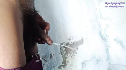 Rajeshplayboy993 pissing, golden shower two times in the bathroom, penis ring, balls, butt, masturbating cock and cumming dick