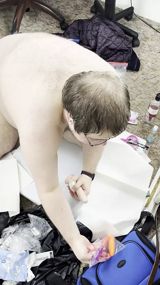 Chubby guy rides new dildo with ass