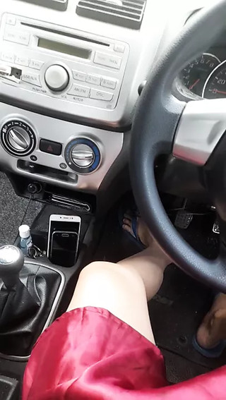 Masturbation wearing satin skirt while driving