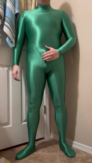 Green Amoresy Spandex Suit, Sexual Jerk Off with Condom and Cum