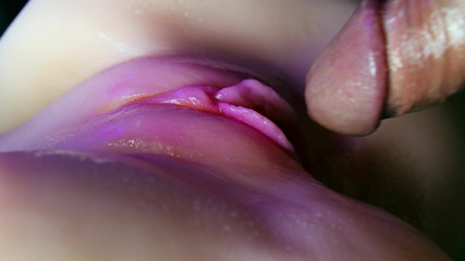 Juicy pussy close-up absorbs a portion of sperm from a big cock and slurps!