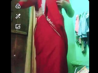 Indian Gay Crossdresser XXX Naked in Red Saree Showing Her Bra and Boobs