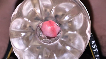 Close-up Cock in Tool for Masturbate Orgasm on Flash