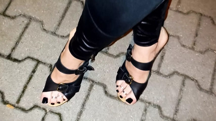 crossdresser in high heel wedges and leggings