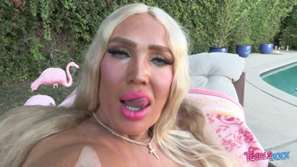 TGIRLS XXX Busty Blonde Shemale Gets Fucked Outdoors on Patio Furniture
