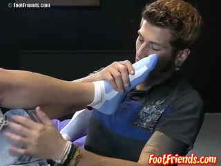 Hot feet licking, blowjob and foot job with tattooed jock