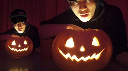 SFW Jon Arteen cute twink emo femboy carves a Halloween pumpkin in his underwear Jack-o'-Lantern thumbnail