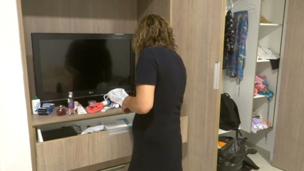 Stepmom returns from the beach, undresses, pees, showers, and gets dressed while watching me jerk off