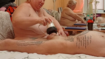 Mother-in-law Massages Cock and Balls, Then Sucks Cock and Gets a Mouthful of Cum