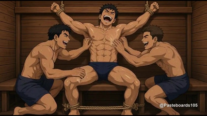 Sauna Bench Bound - Sweat-Slick Muscle Jock Tickled On Armpits And Abs (2D Anime Bara)