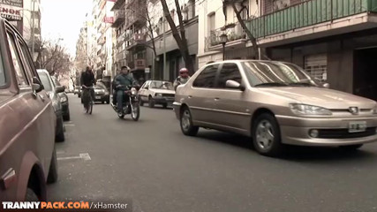 Public sex scene with brunette tranny Marian Ferrero and her