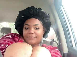 Black bbw topless driving, big tits, solo