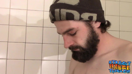 Naughty plumber playing with his cock and making it rain